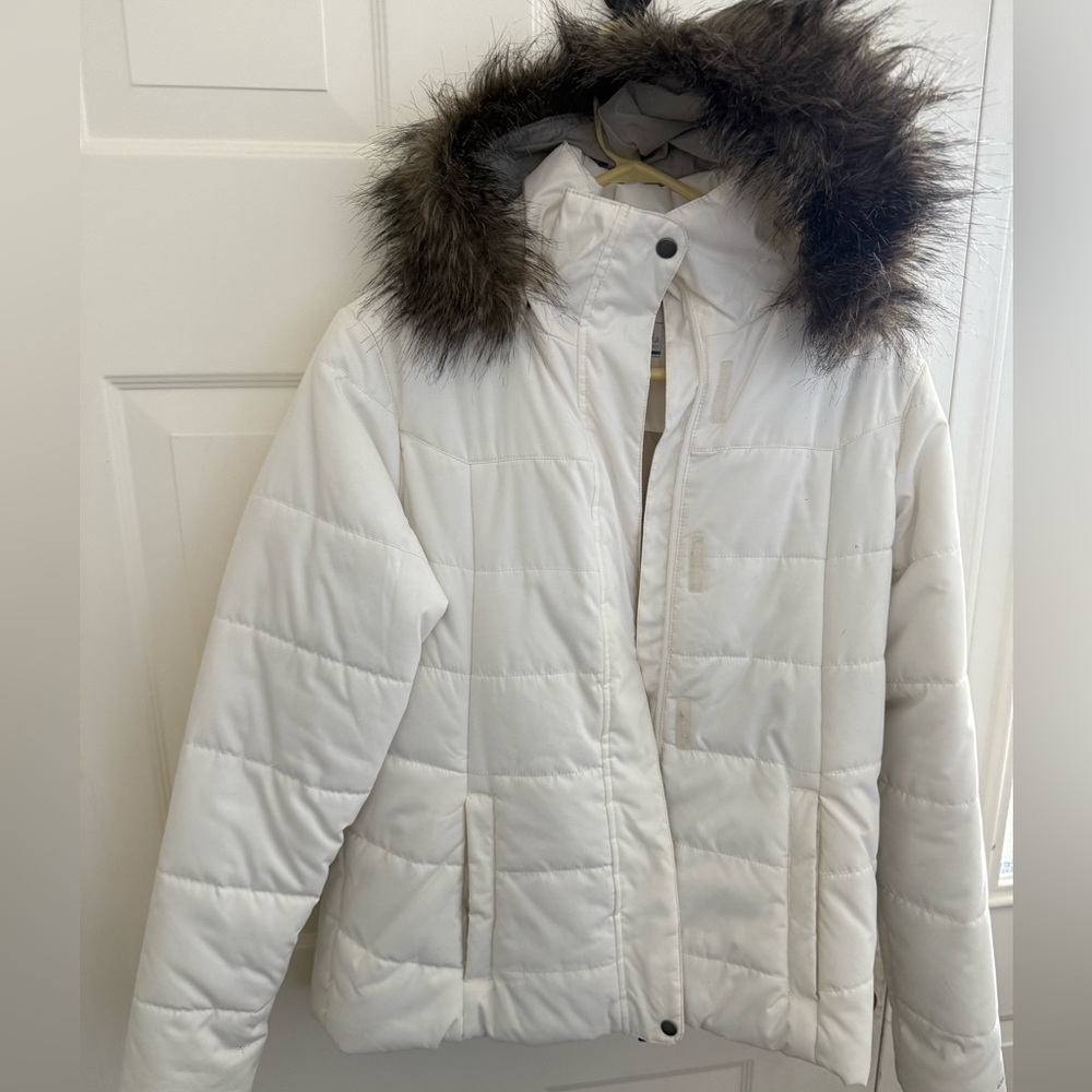 White Winter Coat with Faux Fur Hood